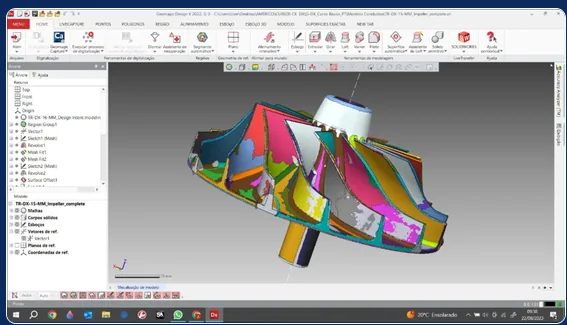 Malha 3D de um rotor segmentada em regiões coloridas dentro do software de modelamento.