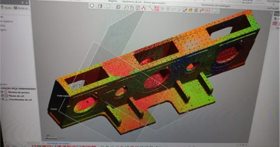 Tela de software mostrando a nuvem de pontos de uma peça colorida pelo mapa de desvio dimensional.